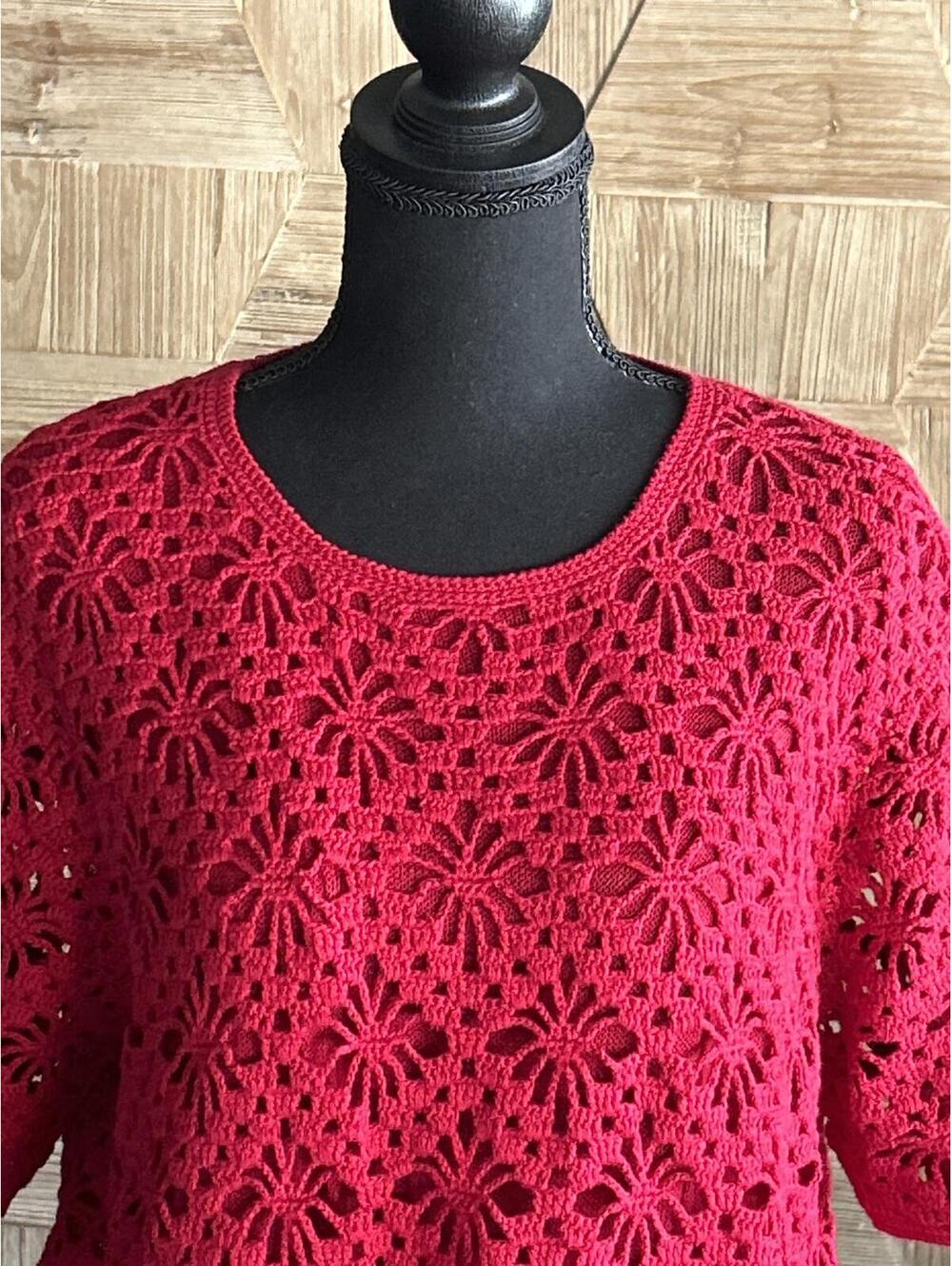 Sag Harbor Red Boho Crochet Short Sleeve Tunic Top Size XL Cottagecore